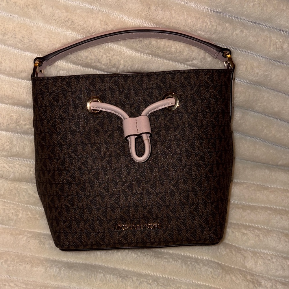 Michael Kors Brown Monogram Bucket Bag with Pink Accents